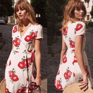 Sézane Anastasia silk floral wrap dress in a white and red peony print